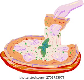 Hand-Drawn Doodle Pizza with Cheese Slice Holding Hand