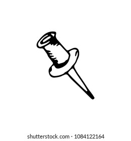 Handdrawn doodle pushpin icon. Hand drawn black sketch. Sign symbol. Decoration element. White background. Isolated. Flat design. Vector illustration.