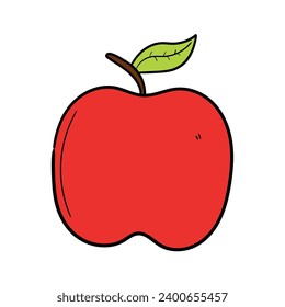 A hand-drawn doodle of a red apple with a leaf isolated on a white background. Vector illustration.