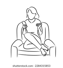Hand-Drawn Doodle of a Relaxed Woman Sitting on a Chair, Rendered in Outline Sketch Style