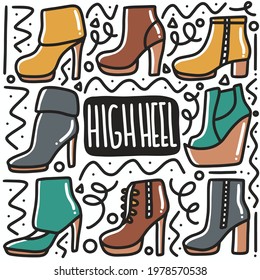 Hand-drawn doodle sandal high heel colorful art design element illustration. Illustration of a set of high heels