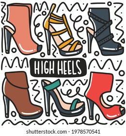 Hand-drawn doodle sandal high heel colorful art design element illustration. Illustration of a set of high heels