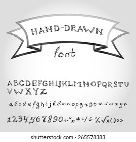 Hand-drawn doodle scribble full font vector set. Alphabet with signs, letters and digits