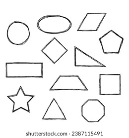 Handdrawn doodle scribble shapes circle, ellipse, parallelogram, polygonal, rectangle, rhombus, right triangle, square, star, trapezoid, triangle. It is vector and editable.