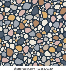 Hand-Drawn Doodle Sea Pebbles Vector Seamless Pattern. Summer Beach Seaside Print. Ocean Fashion Textile Blue, White Background. Seashore Elements Texture for Fabrics, Wallpaper