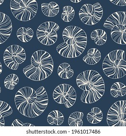 Hand-Drawn Doodle Sea Shells and Fossils Vector Seamless Pattern. Summer Beach Seaside Print. Ocean Fashion Textile Monochrome Blue,White Background. Seashore Elements Texture for Fabrics, Wallpaper