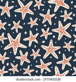 Hand-Drawn Doodle Sea Starfish Vector Seamless Pattern. Summer Beach Seaside Print. Ocean Fashion Textile Blue, Red and Cream Background. Seashore Elements Texture for Fabrics, Wallpapers