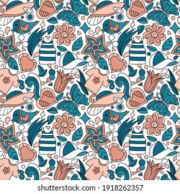 Handgezeichneter, nahtloser Hintergrund . Sommerferien Blumen, Schmetterlinge, Herz, Sommerkleidung. Warme Jahreszeit, Vektorgrafik auf Weiß für Gewebe und andere Oberflächen