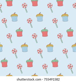 Hand-drawn doodle seamless birthday pattern. Birthday sweets, boxes of gifts, lollipop and birthday cake. This pattern is suitable for printing on textiles, wrapping paper and so on.