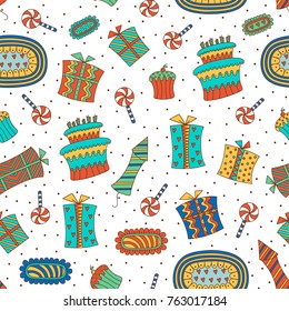 Hand-drawn doodle seamless birthday pattern. Birthday sweets, boxes of gifts, firework, lollipop and birthday cake. This pattern is suitable for printing on textiles, wrapping paper and so on.