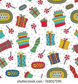 Hand-drawn doodle seamless birthday pattern. Birthday sweets, boxes of gifts, firework, lollipop and birthday cake. This pattern is suitable for printing on textiles, wrapping paper and so on.