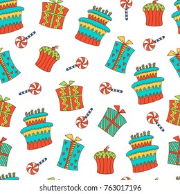 Hand-drawn doodle seamless birthday pattern. Birthday sweets, boxes of gifts, lollipop and birthday cake. This pattern is suitable for printing on textiles, wrapping paper and so on.