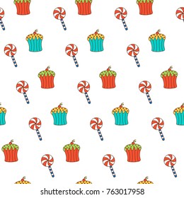 Hand-drawn doodle seamless birthday pattern with lollipop and birthday cake. This pattern is suitable for printing on textiles, wrapping paper and so on.