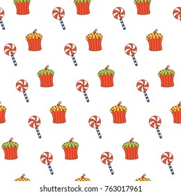 Hand-drawn doodle seamless birthday pattern with lollipop and birthday cake. This pattern is suitable for printing on textiles, wrapping paper and so on.