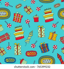 Hand-drawn doodle seamless birthday pattern. Birthday sweets, boxes of gifts, firework, lollipop and birthday cake. This pattern is suitable for printing on textiles, wrapping paper and so on.