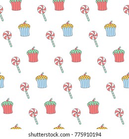 Hand-drawn doodle seamless birthday pattern with lollipop and birthday cake. This pattern is suitable for printing on textiles, wrapping paper and so on.