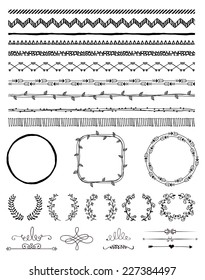 Hand-Drawn Doodle Seamless Borders and Design Elements. Decorative Flourish Frames, Brackets. Vector Illustration. Pattern Brushes