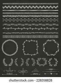 Hand-Drawn Doodle Seamless Borders And Design Elements. Decorative Flourish Frames, Brackets. Vector Illustration. Chalk Drawing. Pattern Brushes