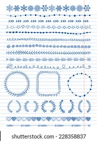 Hand-Drawn Doodle Seamless Borders and Design Elements. Decorative Flourish Frames, Brackets. On Paper Texture. Vector Illustration. Pattern Brushes