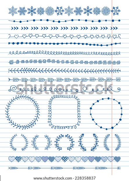 Hand-Drawn Doodle Seamless Borders and Design
Elements. Decorative Flourish Frames, Brackets. On Paper Texture.
Vector Illustration. Pattern
Brushes