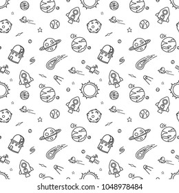 Hand-drawn doodle seamless pattern background is space exploration and cosmology. Vector illustration. 