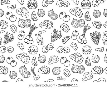 Hand-drawn doodle seamless pattern of burger ingredients: tomatoes, onions, lettuce, cheese, mushrooms, and sauce. Perfect for food-themed designs, packaging, and healthy eating promotions
