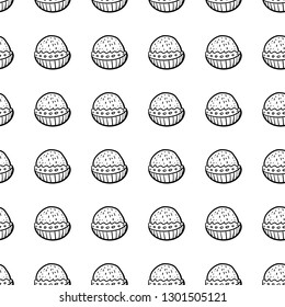 Handdrawn doodle seamless pattern cake icon. Hand drawn black sketch. Sign symbol. Decoration element. White background. Isolated. Flat design. Vector illustration.