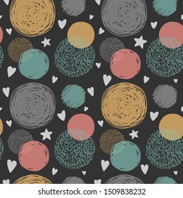 Hand-drawn doodle seamless pattern with circles, hearts and stars. Vector design can be used for wallpaper, pattern fills, web page background, textile print. Dark grey background.