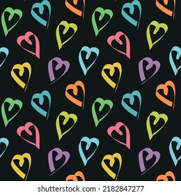 Hand-drawn doodle seamless pattern with colorful hearts on Black. Beautiful trendy background for holiday, card, happy Valentine's Day, wallpaper, gift wrap design. Vector illustration.