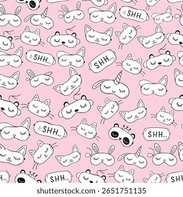 Hand-drawn doodle seamless pattern of cute sleep masks cat, unicorn, bunny and SHH text on pink. Ideal for sleepwear, kids' room decor, or beauty packaging. Super cute