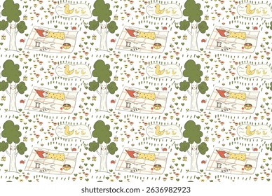 Hand-drawn doodle seamless pattern featuring a girl and cat enjoying a peaceful nature picnic. Concept of a relaxed lifestyle, happiness, summer, outdoor leisure, and holiday moments, vacation time.