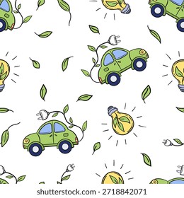 Vehículos eléctricos verdes de diseño inconsútil de doodle dibujado a mano, cables con Elementos frondosos y bombillas. energía renovable, opciones ecológicas y vida sostenible