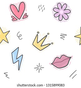 Hand-drawn doodle seamless pattern with hearts, stars, crowns, lips and lightnings. Funny girlish print for girls clothes, t-shirts, linen, textile and notebooks. Vector eps 10