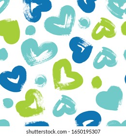 Hand-drawn doodle seamless pattern with hearts. Design elements for Valentine's day. Seamless background in blue and green tones. 