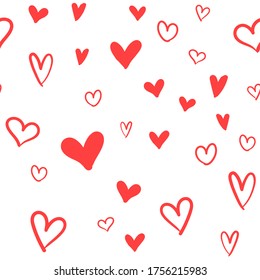 Hand-drawn doodle seamless pattern with hearts. Valentine's day background. Heart doodles texture.
