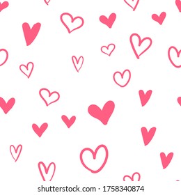 Hand-drawn doodle seamless pattern with hearts. Valentine's day background. Heart doodles texture.
