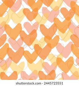 Hand-drawn doodle seamless pattern with hearts and circles. Vector design. Wallpaper illustration with diverse hearts, gay pride background print.