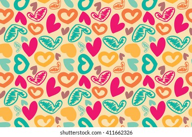 hand-drawn doodle seamless pattern with hearts. Can be used for graphic design, as well as prints for fabric. Vector illustration
