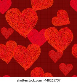 Hand-drawn doodle seamless pattern with hearts. Vector background. Perfect for Valrntine's day design