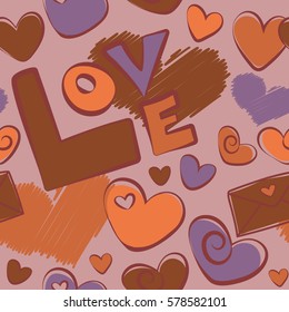 Hand-drawn doodle seamless pattern with hearts, love letter and text in purple, orange and red colors. Valentines day sketch.