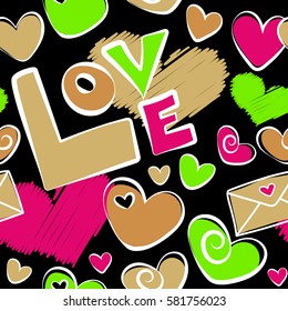 Hand-drawn doodle seamless pattern with hearts, love letter and text in orange, magenta and green colors on a black background.