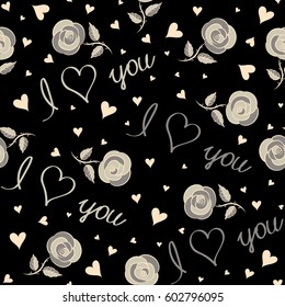 Hand-drawn doodle seamless pattern with hearts, love letter and text in gray, beige and neutral colors on a black background. Valentines day sketch.