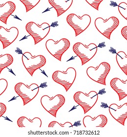 hand-drawn doodle seamless pattern with hearts.