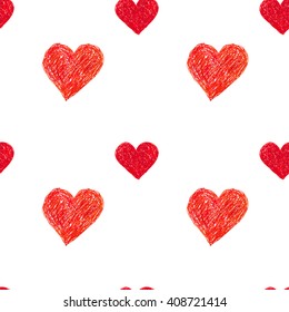 Hand-drawn doodle seamless pattern with red hearts. 