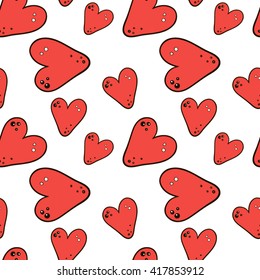 hand-drawn doodle seamless pattern with red hearts
