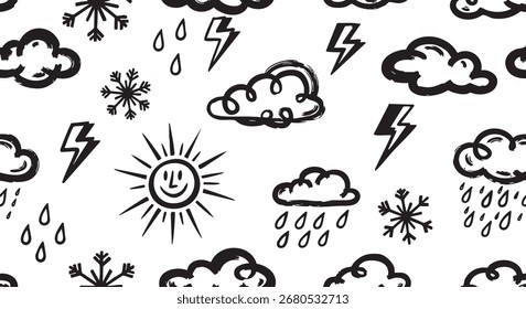 Hand-drawn doodle seamless pattern of weather icons including sun, clouds, rain, snowflakes, and lightning bolts on a white background.
