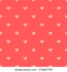 Hand-drawn doodle seamless pattern with white on red hearts