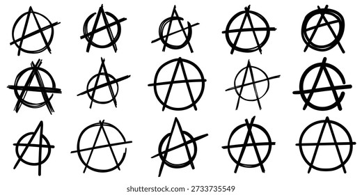 Conjunto de garabatos dibujados a mano de signos de anarquía aislados sobre un fondo blanco. Ilustración vectorial.