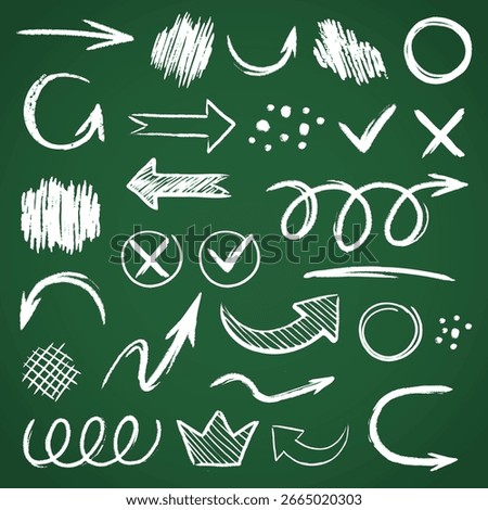 Hand-drawn doodle set of arrows, checkmarks, crosses, and checkboxes in chalk style. Perfect for highlighting, annotating, or decorating notes, presentations, and digital projects