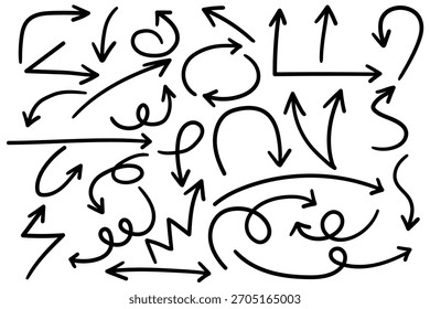 Hand-drawn doodle set of arrows isolated on a white background. Vector illustration.